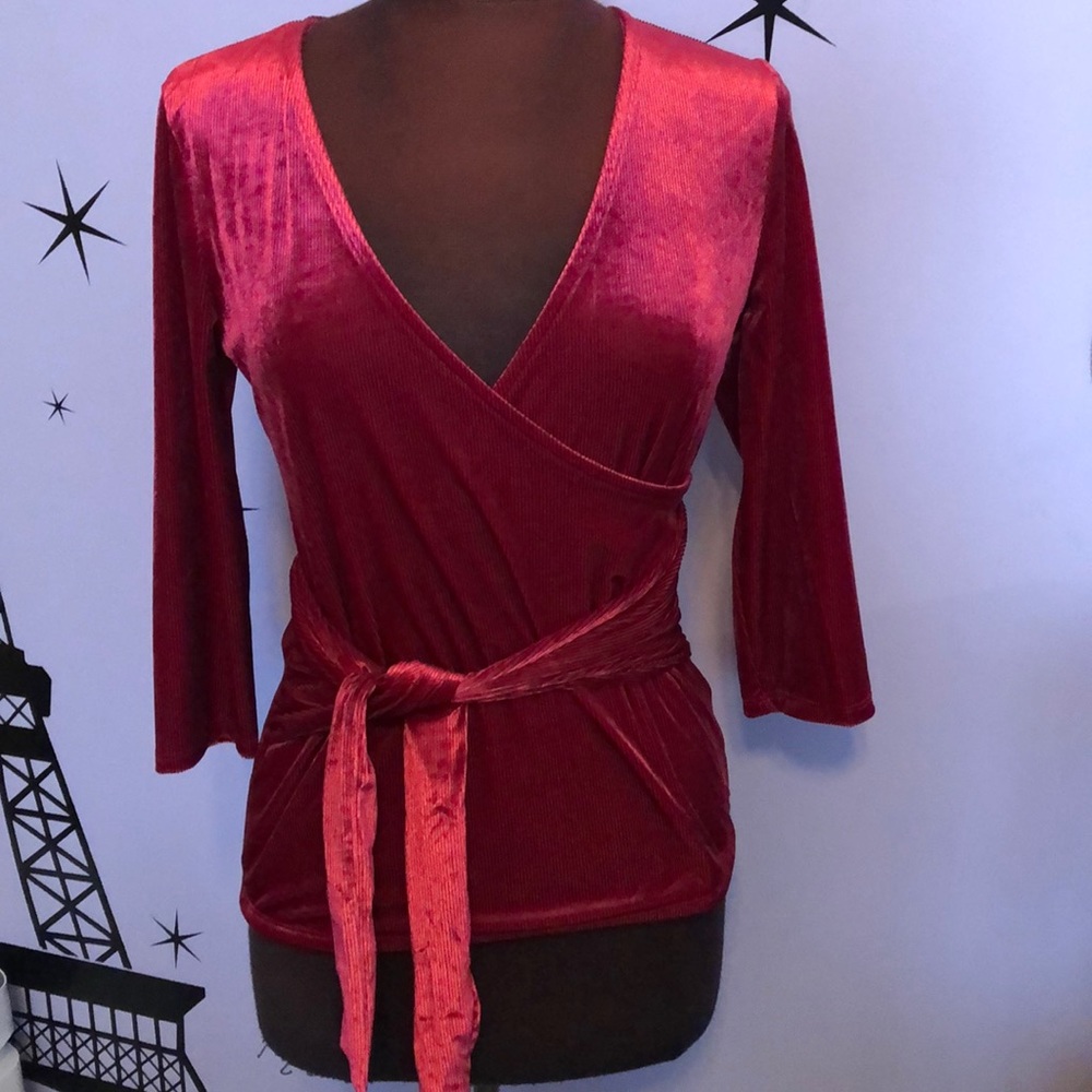 Express ribbed velvet wrap front top